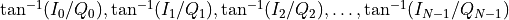 \tan^{-1}( I_0/Q_0 ), \tan^{-1}( I_1/Q_1 ), \tan^{-1}( I_2/Q_2 ), \dots, \tan^{-1}( I_{N-1}/Q_{N-1} )