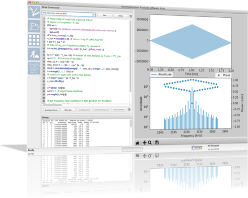 Screen shot of the Drive Constructor panel of in the ImAFM Software Suite:  Any multifrequency measurement scheme can be programed with a Python script.  Tuning functions help to correctly place the frequencies.  Configure Drive sends the calculated waveform to the cantilever shaker. Configure Response determines the drive needed to result in the cantilever oscillating with the calculated waveform.  