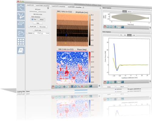Screen shot of the ImAFM Software Suite.  Cantilever motion is displayed in the time or frequency domain.  The reconstructed curves show the tip-surface force vs. cantilever deflection at the pixels marked with an X in the image.