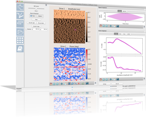Screen shot of the ImAFM Software Suite.  The pixel inspector gives point and click reconstruction while scanning.  Cantilever motion is displayed in the time or frequency domain.  Force quadratures are shown at the pixel marked with a X in the image.